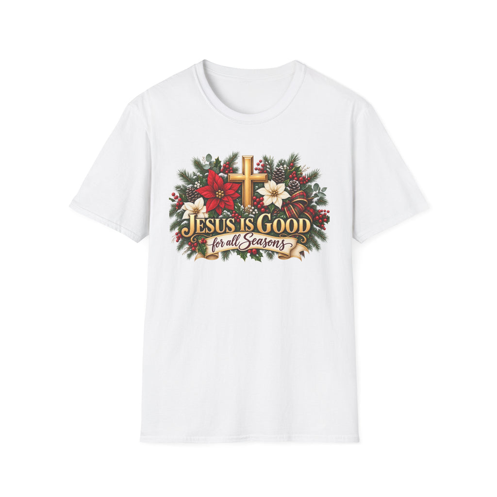 Jesus Is Good For All Seasons T-Shirt — Floral Cross Christian Tee