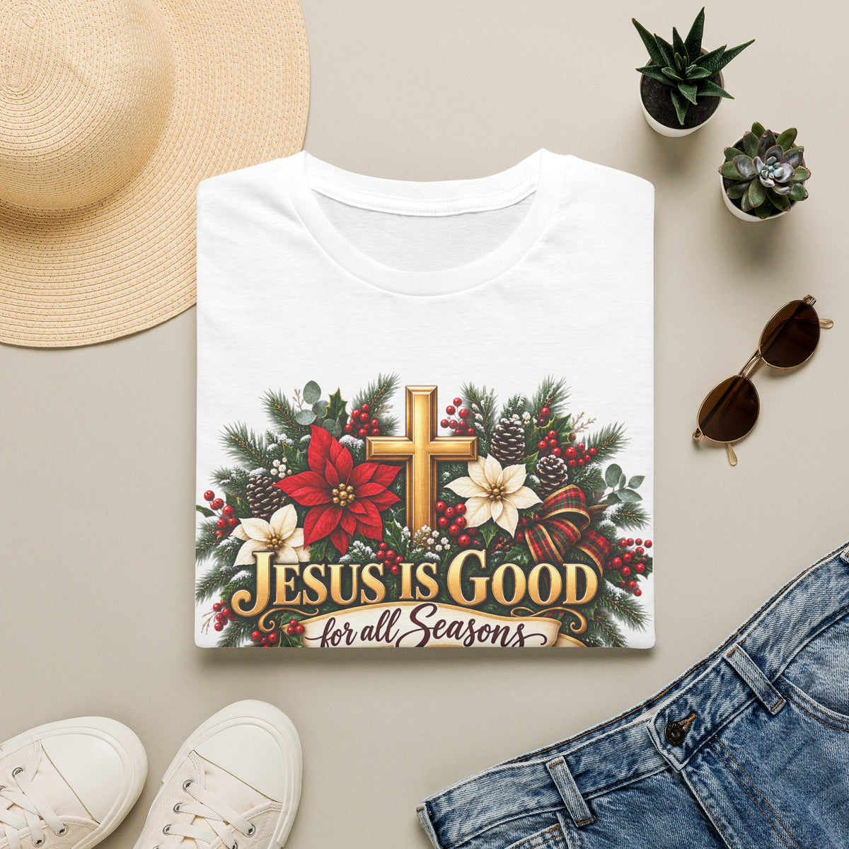 Jesus Is Good For All Seasons T-Shirt — Floral Cross Christian Tee